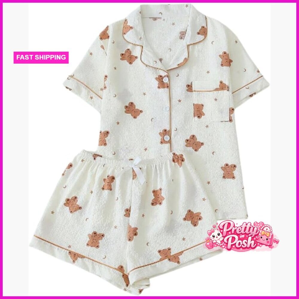 Polyester Pajama Set with Lapel Collar and Bow Decoration